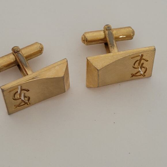 Yves Saint Laurent YSL Gold Tone Rectangle Logo Cufflinks Tie Pin Designer Set - Picture 7 of 12